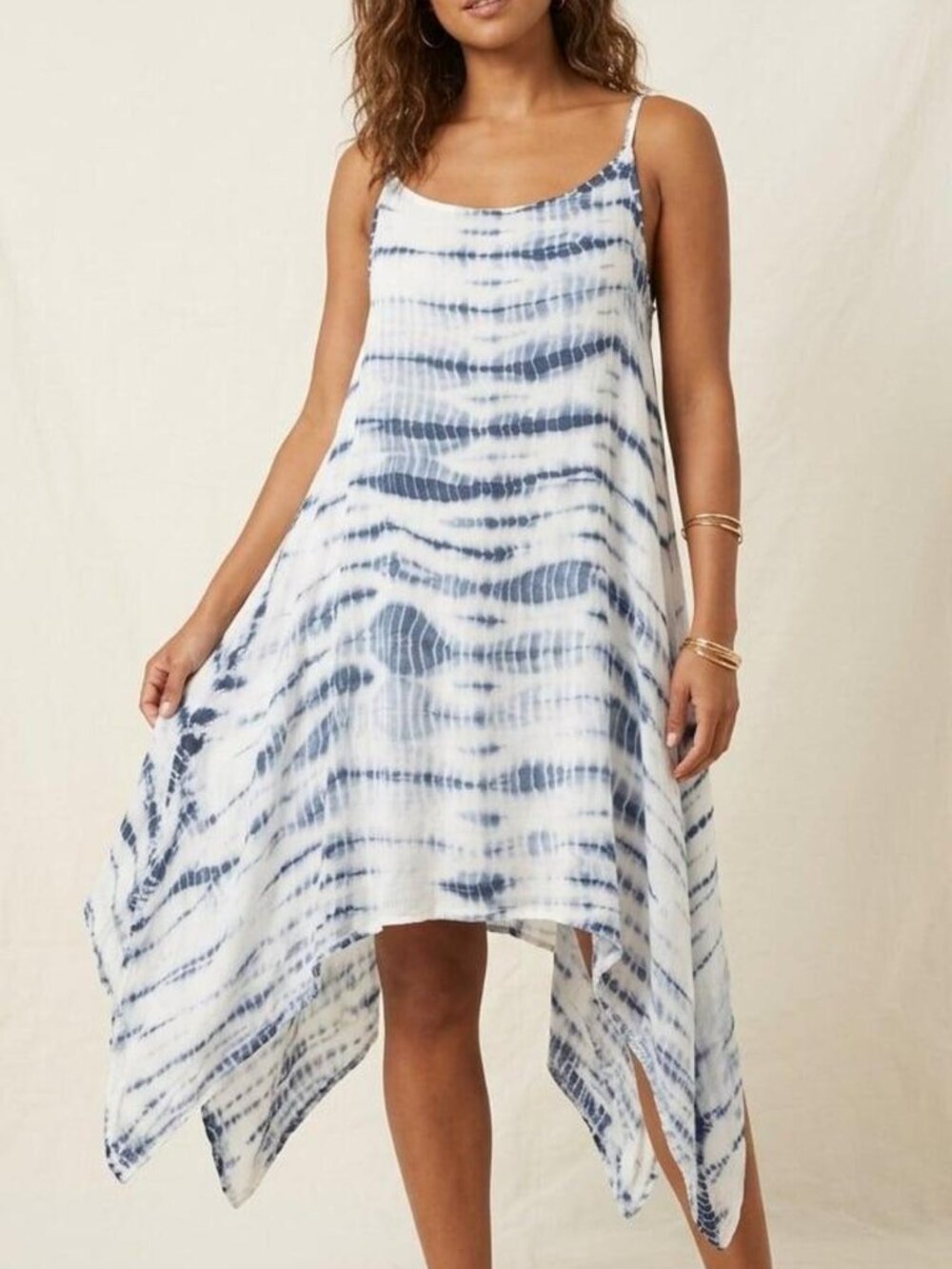 LA LEELA Blue and White Tie Dye Rayon Sharkbite Hem Cami Swim Cover Up Dress-XL